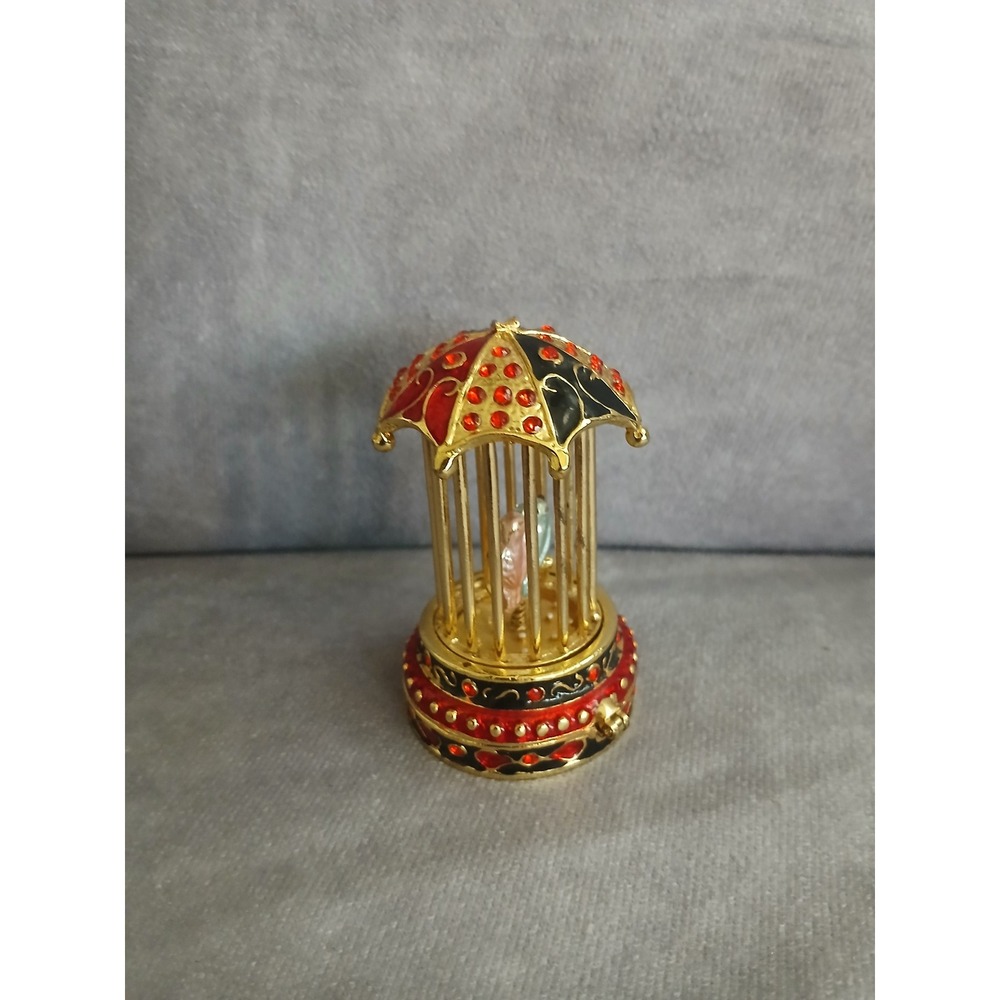 Work of Art Enameled Birdcage Trinket Box Red Black Gold Rhinestone Collectible